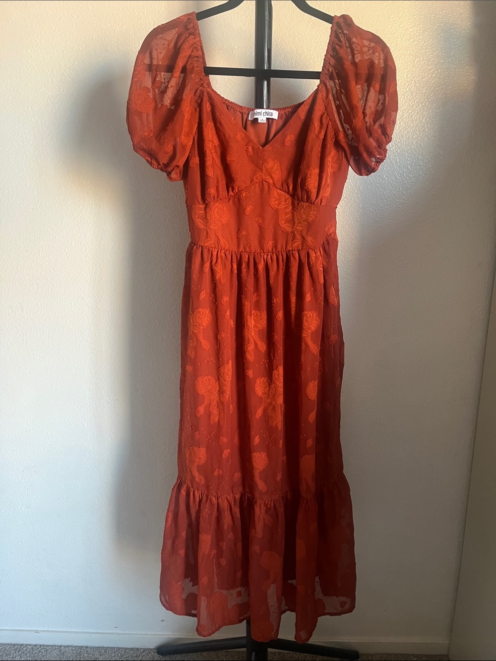 Mimi Chica Burnt Orange Puff-Sleeve Tiered Maxi Dress